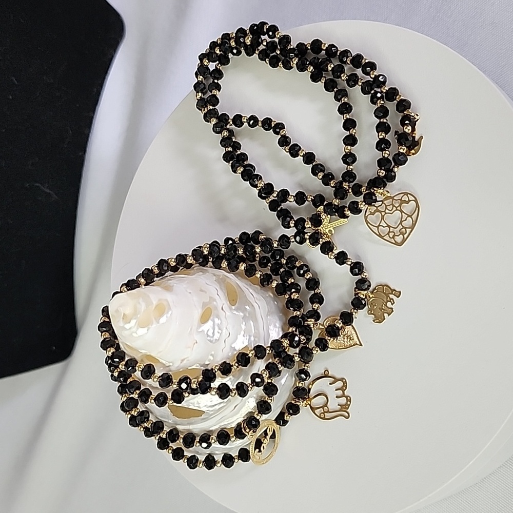Set of 7 Black Crystal Bead Stretch Bracelet with Charm New
